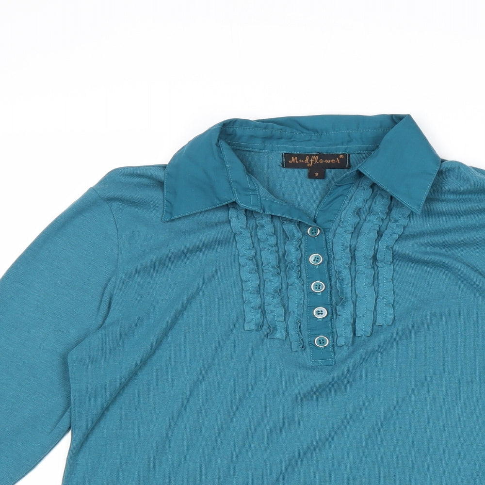 Mind Flowers Womens Blue Polyester Basic Blouse Size S Collared