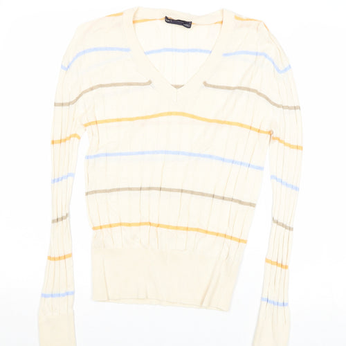 Marks and Spencer Womens Beige Square Neck Striped Viscose Pullover Jumper Size S