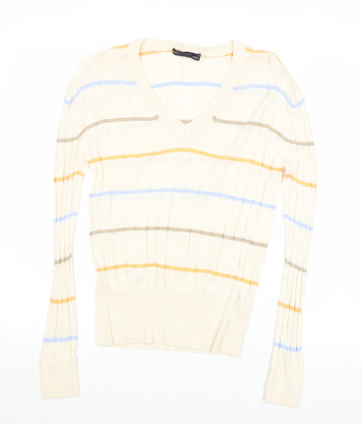 Marks and Spencer Womens Beige Square Neck Striped Viscose Pullover Jumper Size S