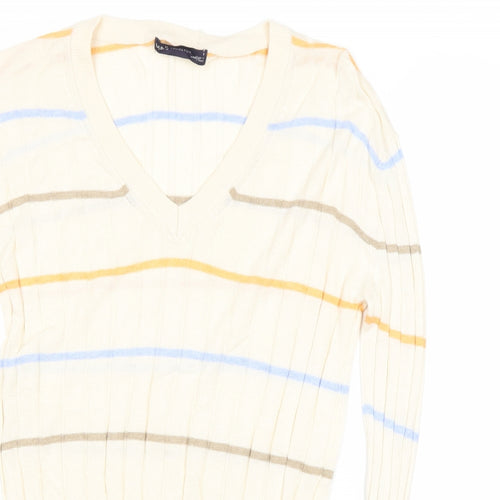 Marks and Spencer Womens Beige Square Neck Striped Viscose Pullover Jumper Size S