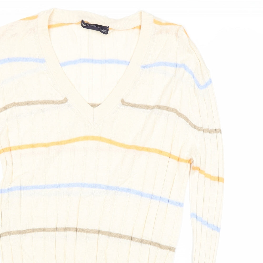 Marks and Spencer Womens Beige Square Neck Striped Viscose Pullover Jumper Size S