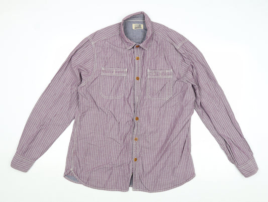 Marks and Spencer Mens Purple Striped Cotton Button-Up Size L Collared Button