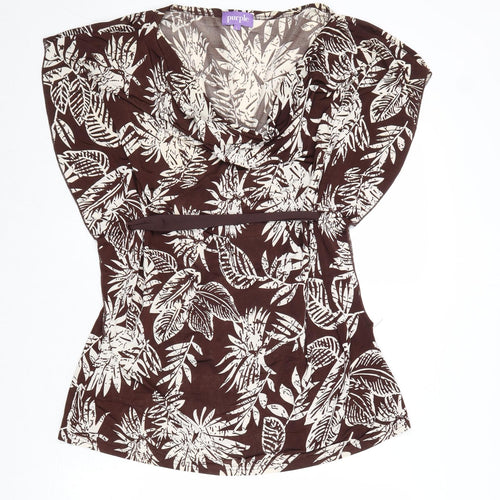 Purple Womens Brown Floral Polyester Basic Blouse Size L Cowl Neck
