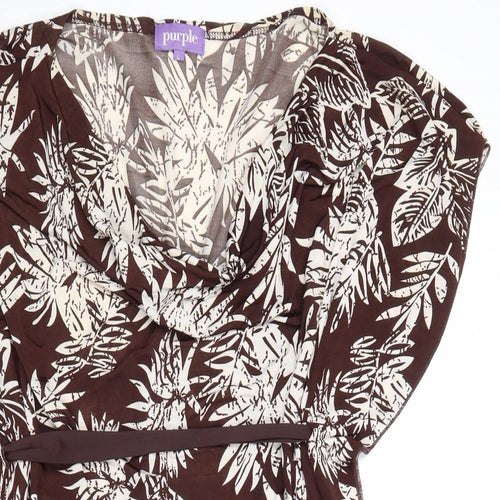 Purple Womens Brown Floral Polyester Basic Blouse Size L Cowl Neck
