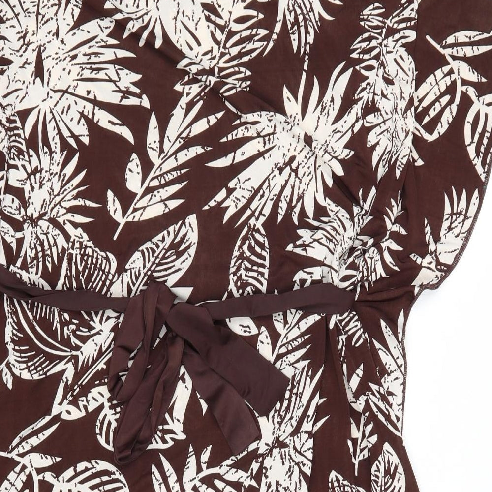 Purple Womens Brown Floral Polyester Basic Blouse Size L Cowl Neck