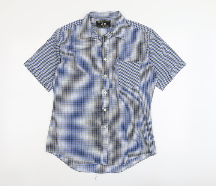 JB London Mens Blue Plaid Polyester Button-Up Size 15.5 Collared Button