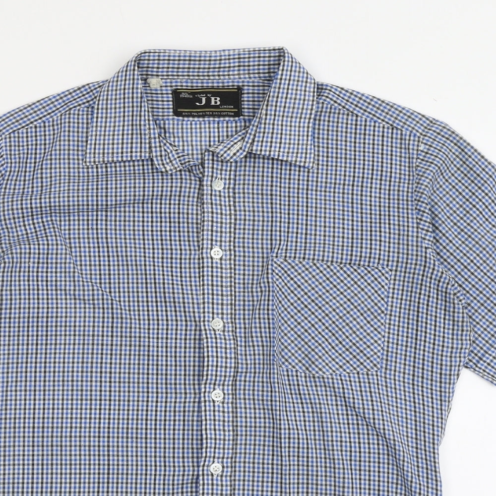 JB London Mens Blue Plaid Polyester Button-Up Size 15.5 Collared Button