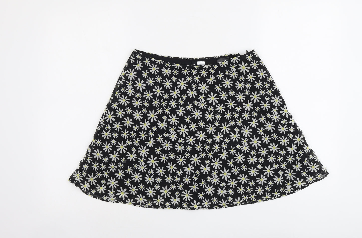 H&M Womens Black Floral Polyester Skater Skirt Size 12 Zip