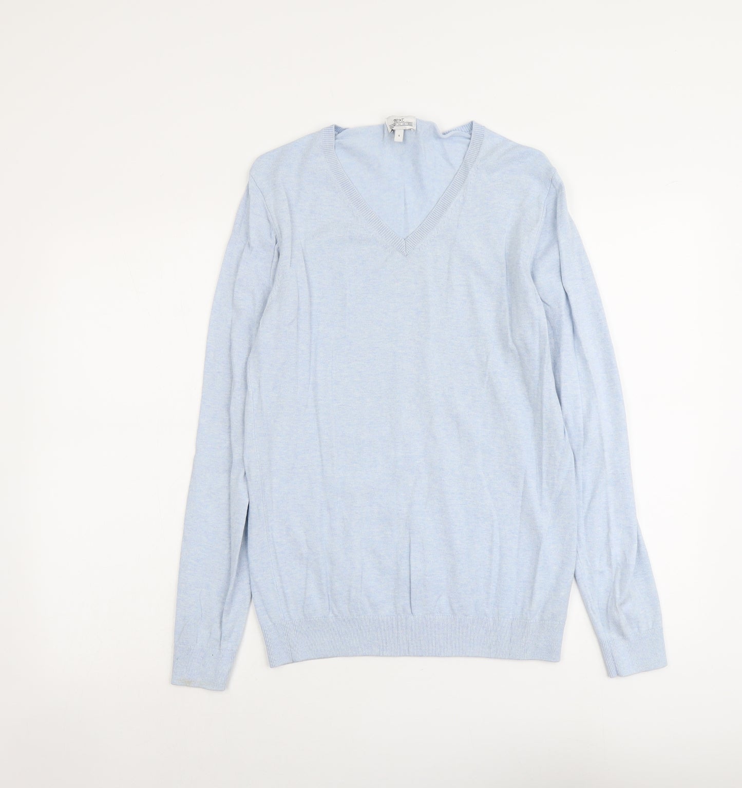 NEXT Mens Blue V-Neck Cotton Pullover Jumper Size S Long Sleeve