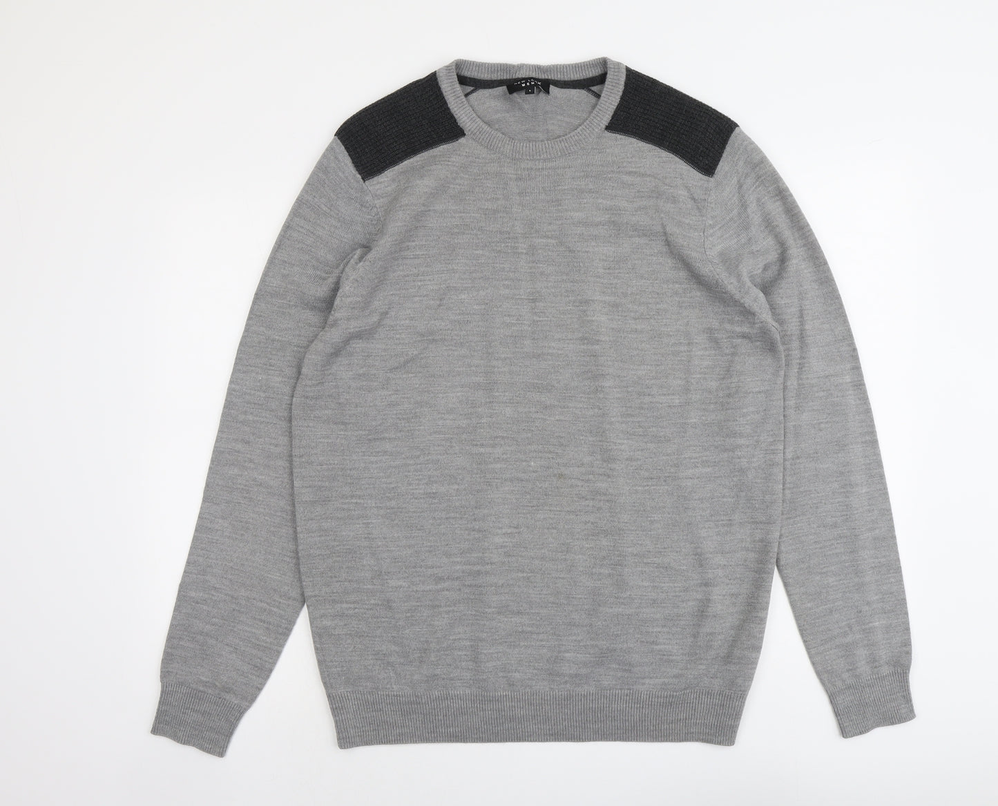 New Look Mens Grey Round Neck Acrylic Pullover Jumper Size L Long Sleeve