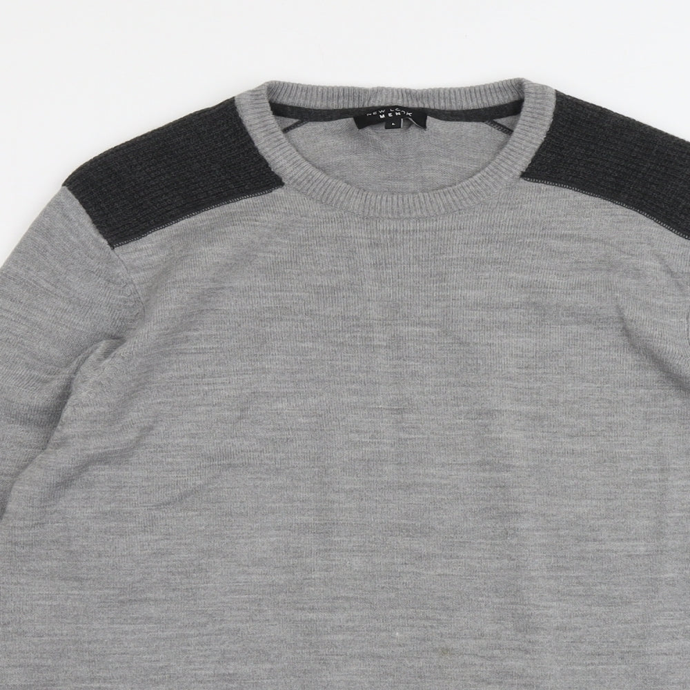 New Look Mens Grey Round Neck Acrylic Pullover Jumper Size L Long Sleeve