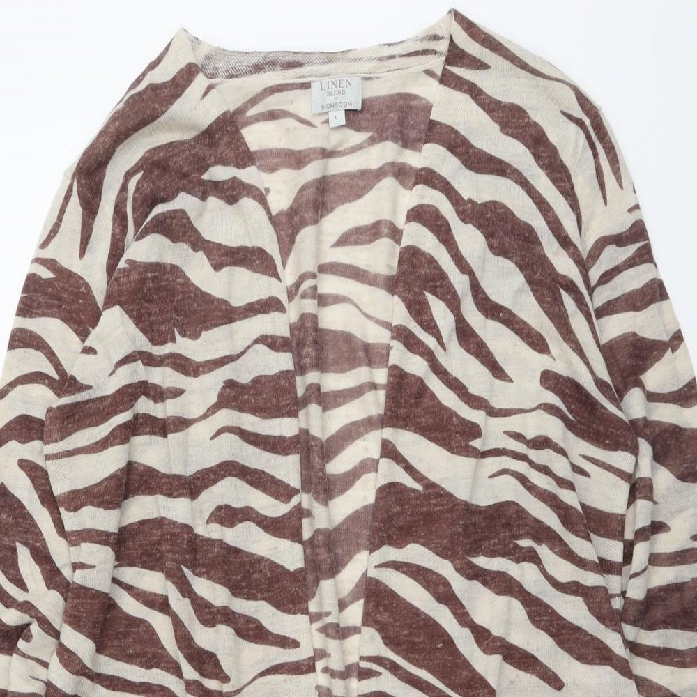 Monsoon Womens Beige V-Neck Animal Print Acrylic Cardigan Jumper Size L - Tiger Print