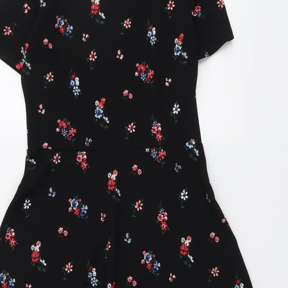 H&M Womens Black Floral Polyester Fit & Flare Size 8 Round Neck Pullover