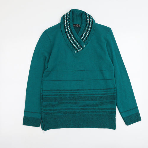 Envy Womens Green V-Neck Striped Acrylic Pullover Jumper Size XS