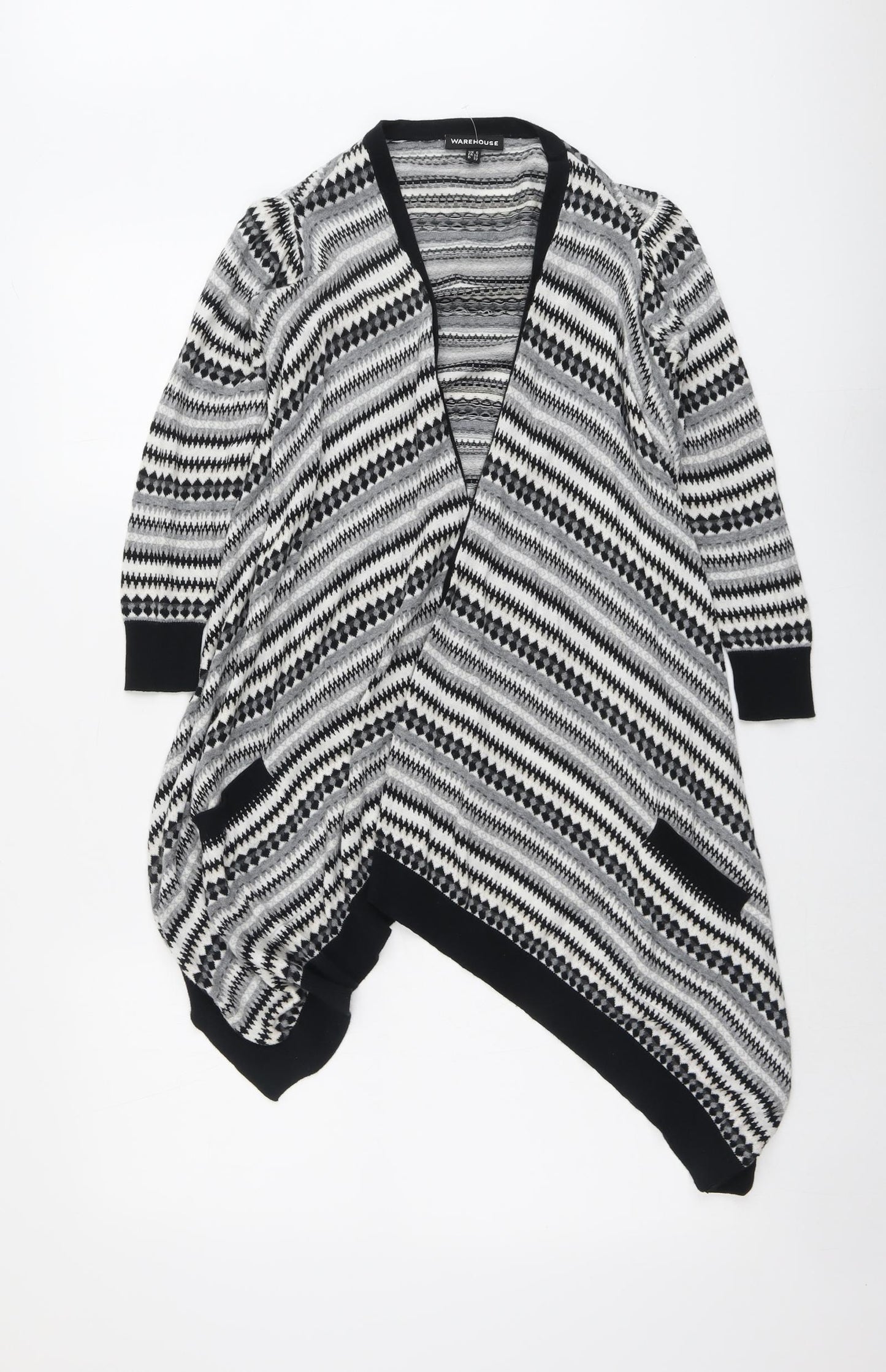 Warehouse Womens Grey V-Neck Striped Cotton Cardigan Jumper Size 6