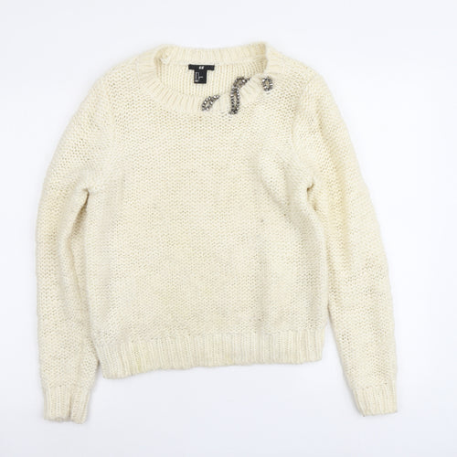H&M Womens Ivory Round Neck Acrylic Pullover Jumper Size S