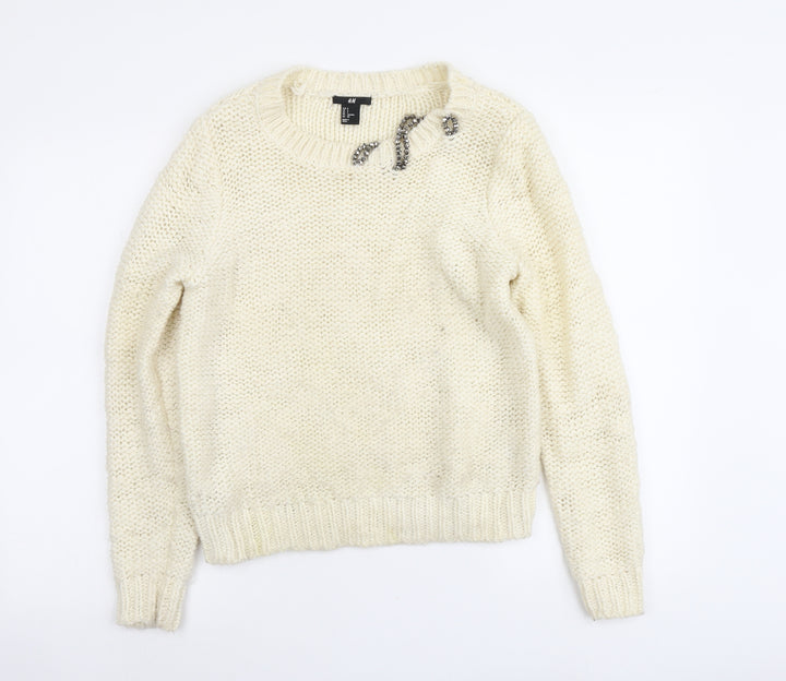 H&M Womens Ivory Round Neck Acrylic Pullover Jumper Size S
