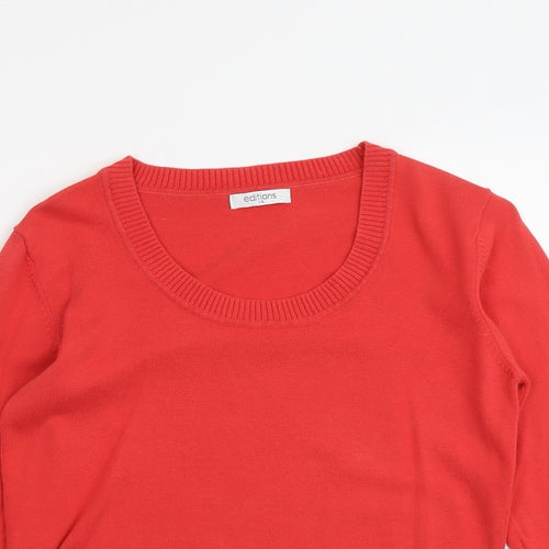 Editions Womens Red Scoop Neck Herringbone Acrylic Pullover Jumper Size 14