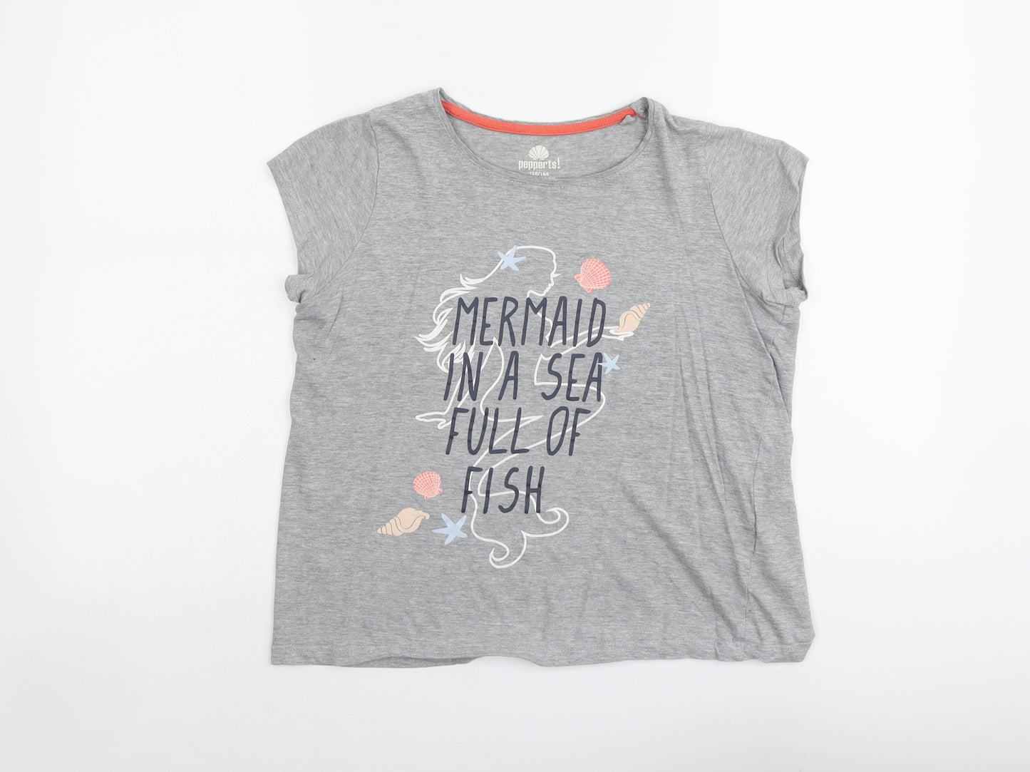 Pepperts Girls Grey Cotton Basic T-Shirt Size 12-13 Years Round Neck Pullover - Mermaid In A Sea Full Of Fish