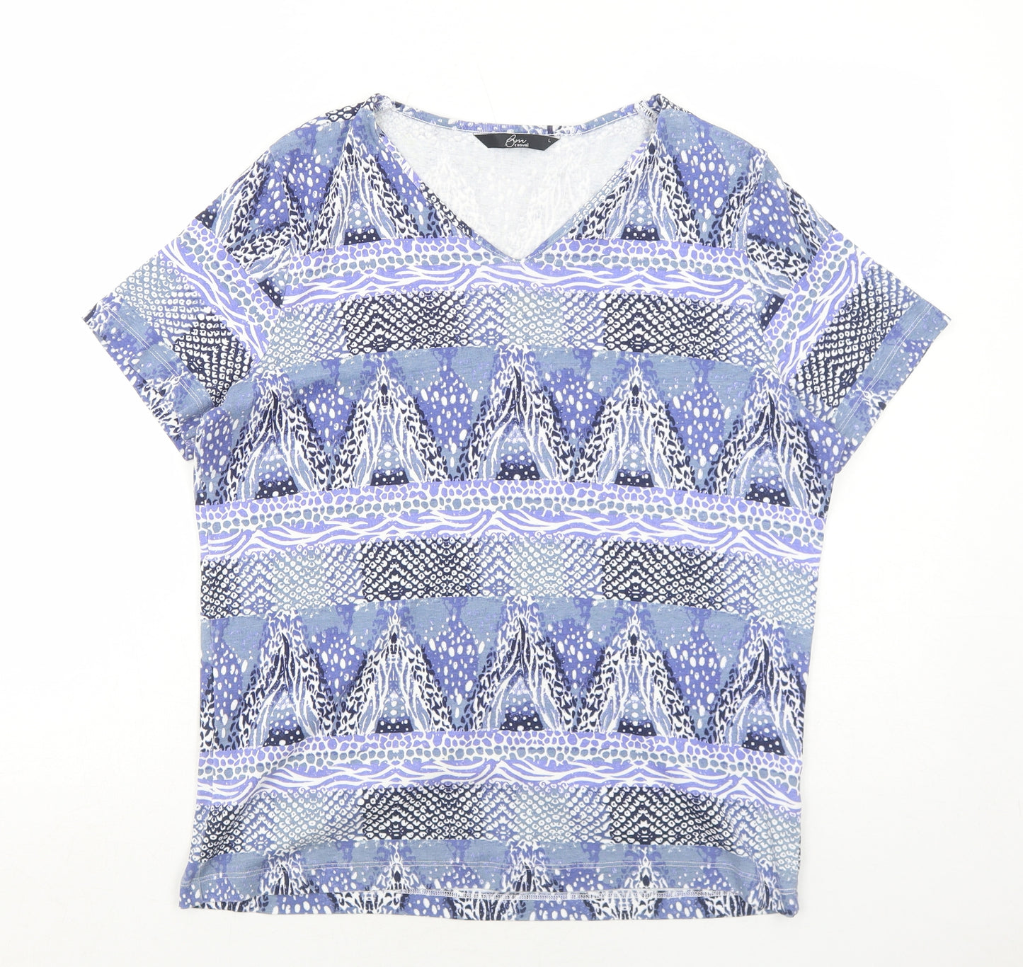 Bonmarché Womens Blue Geometric Cotton Basic Blouse Size L V-Neck
