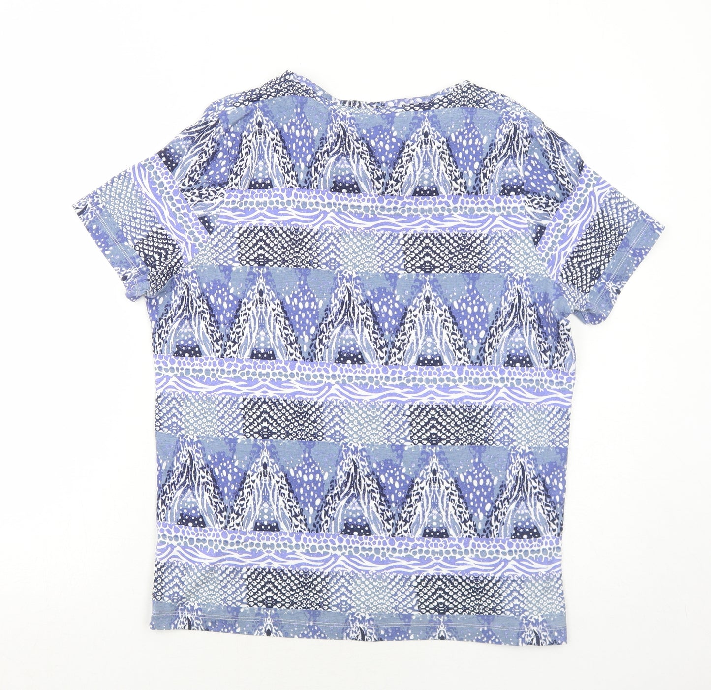 Bonmarché Womens Blue Geometric Cotton Basic Blouse Size L V-Neck