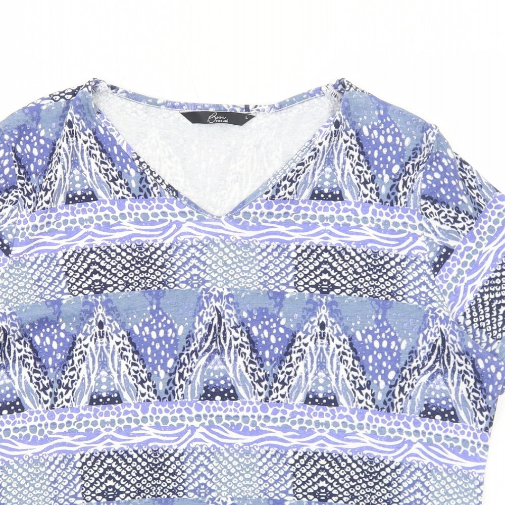 Bonmarché Womens Blue Geometric Cotton Basic Blouse Size L V-Neck