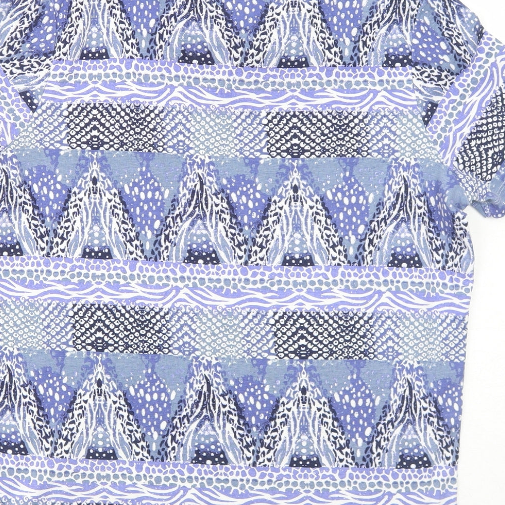 Bonmarché Womens Blue Geometric Cotton Basic Blouse Size L V-Neck