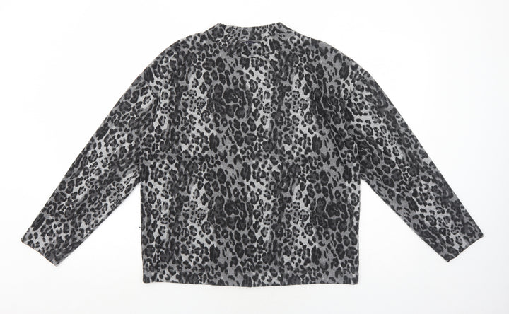 Marks and Spencer Womens Grey Round Neck Animal Print Acrylic Pullover Jumper Size 12 - Leopard Pattern