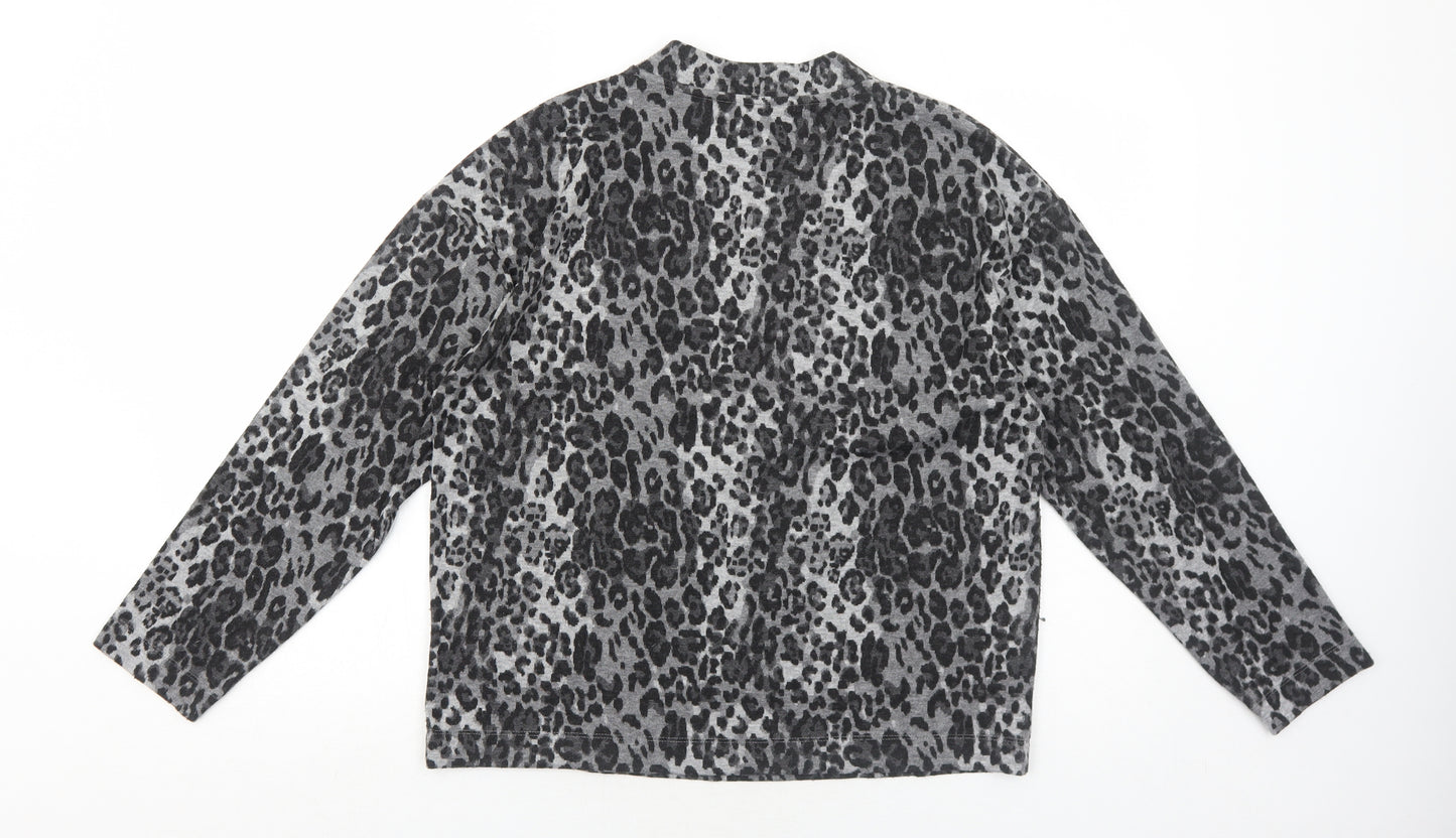 Marks and Spencer Womens Grey Round Neck Animal Print Acrylic Pullover Jumper Size 12 - Leopard Pattern