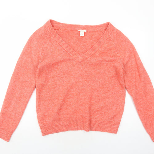 H&M Womens Orange V-Neck Herringbone Acrylic Pullover Jumper Size XS
