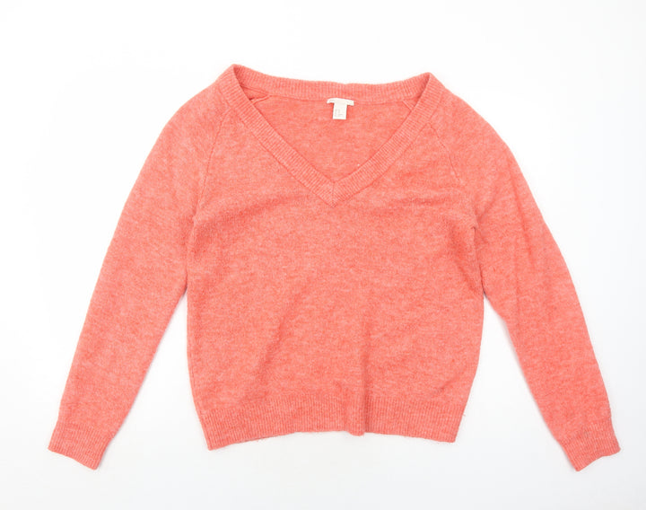 H&M Womens Orange V-Neck Herringbone Acrylic Pullover Jumper Size XS