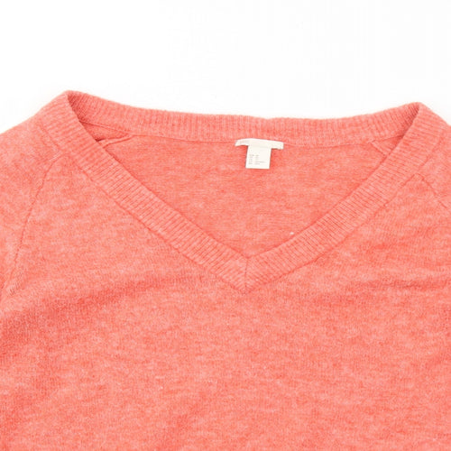 H&M Womens Orange V-Neck Herringbone Acrylic Pullover Jumper Size XS