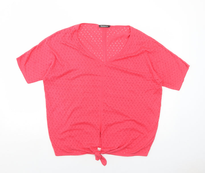 Bonmarché Womens Pink V-Neck Nylon Pullover Jumper Size M - Knot Front