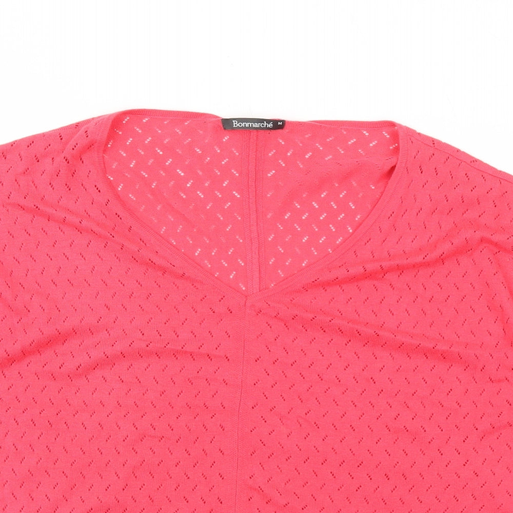 Bonmarché Womens Pink V-Neck Nylon Pullover Jumper Size M - Knot Front