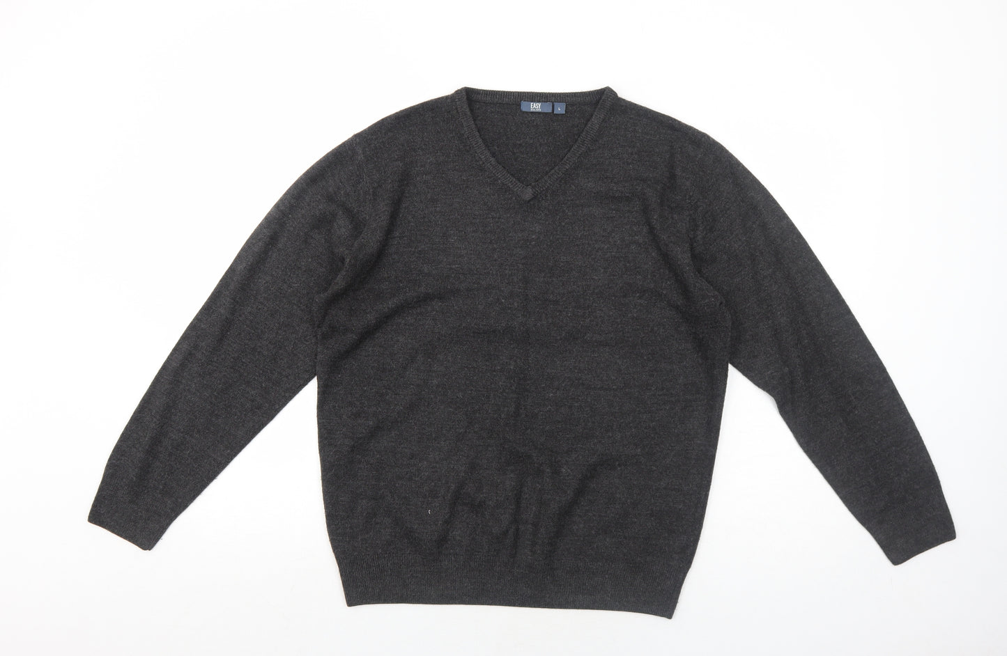 Easy Mens Grey V-Neck Acrylic Pullover Jumper Size L Long Sleeve