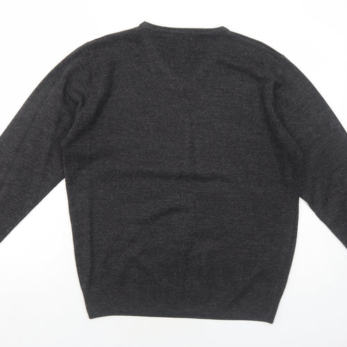 Easy Mens Grey V-Neck Acrylic Pullover Jumper Size L Long Sleeve