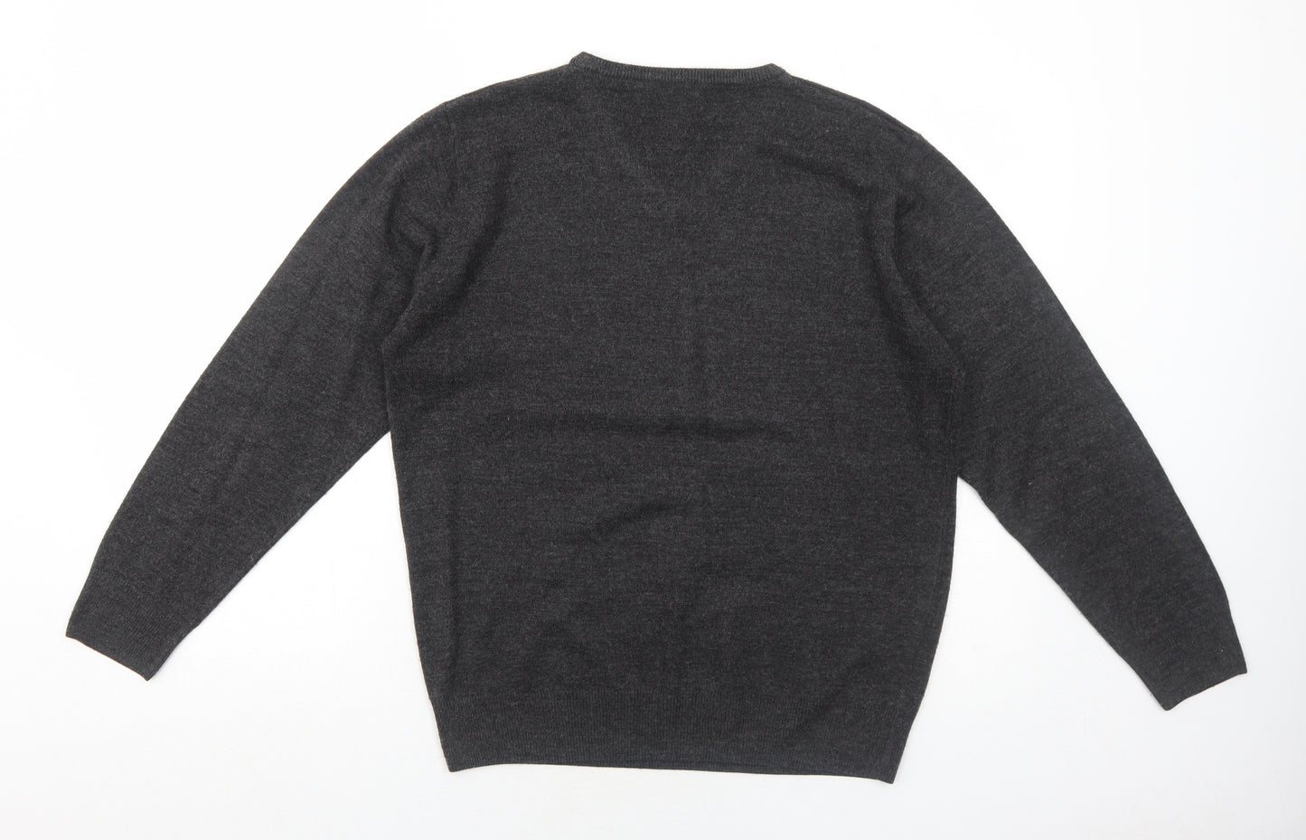 Easy Mens Grey V-Neck Acrylic Pullover Jumper Size L Long Sleeve