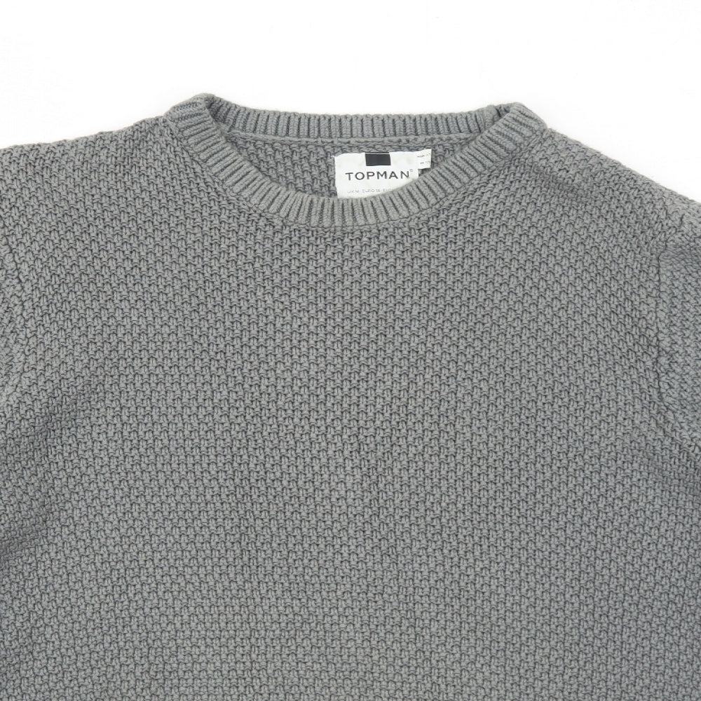 Topman Mens Grey Round Neck Cotton Pullover Jumper Size M Long Sleeve