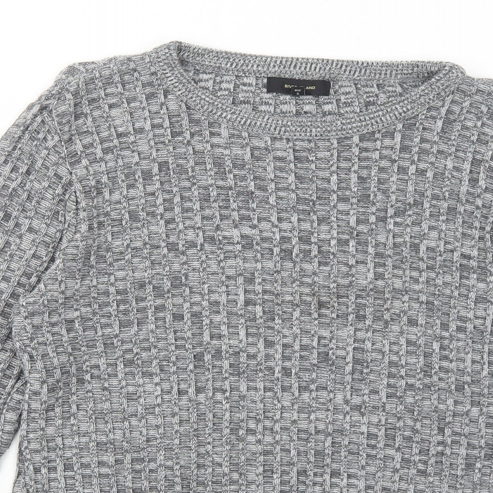 River Island Mens Grey Round Neck Acrylic Pullover Jumper Size XL Long Sleeve