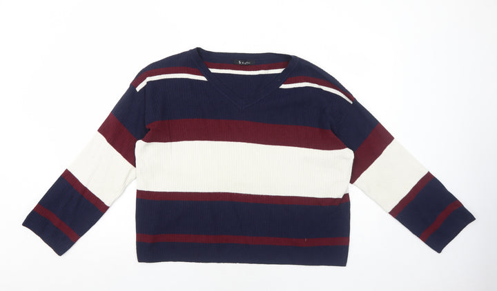 Rag Out Womens Blue Round Neck Striped Acrylic Pullover Jumper Size M