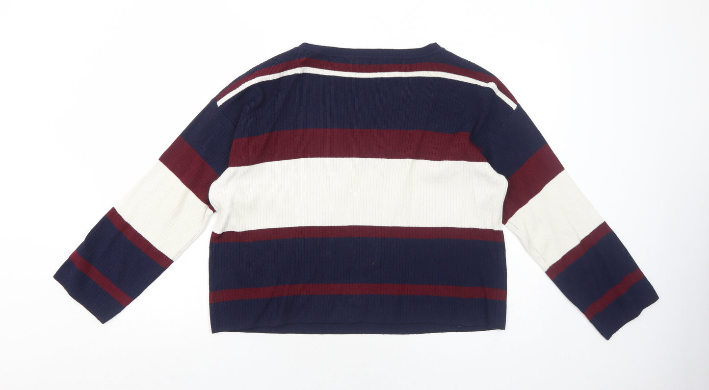 Rag Out Womens Blue Round Neck Striped Acrylic Pullover Jumper Size M