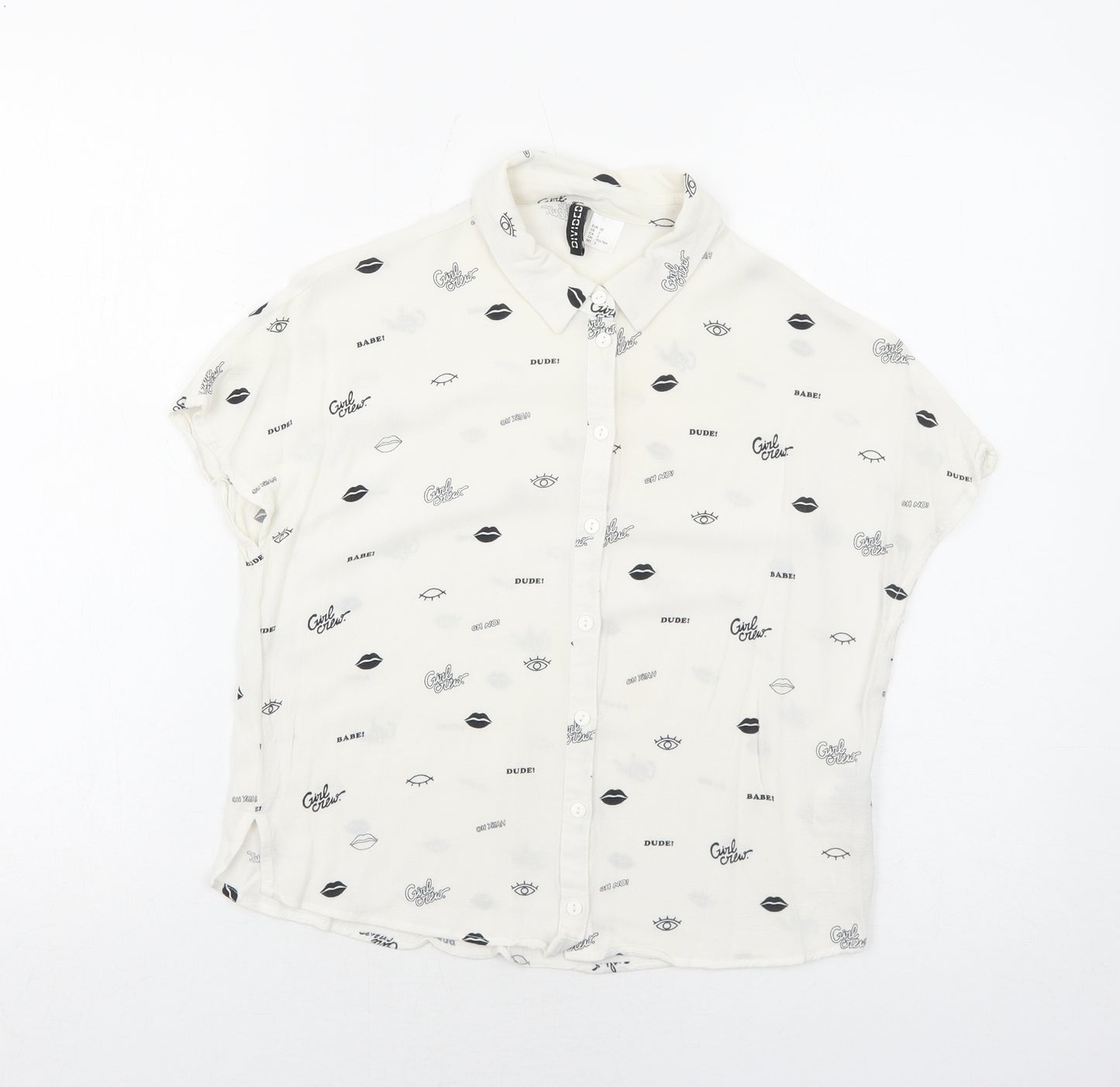 H&M Womens White Geometric Viscose Basic Button-Up Size 4 Collared