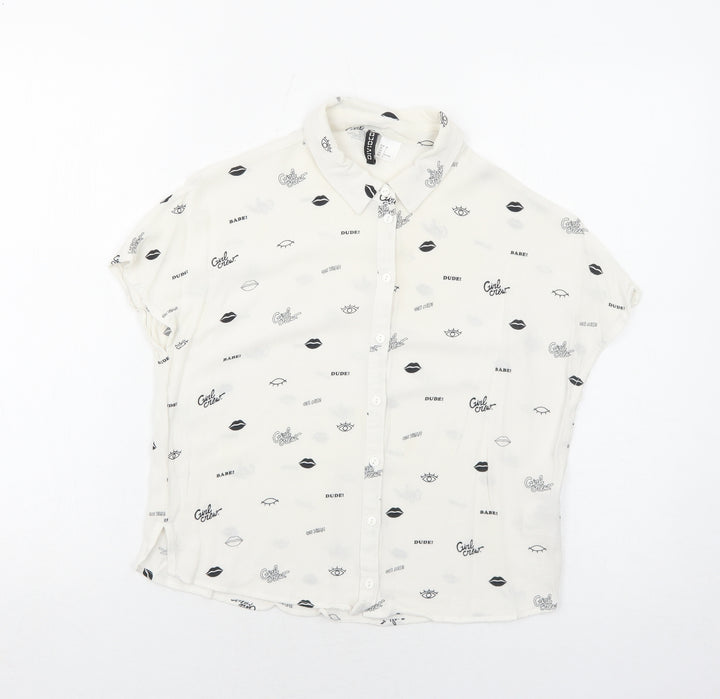 H&M Womens White Geometric Viscose Basic Button-Up Size 4 Collared