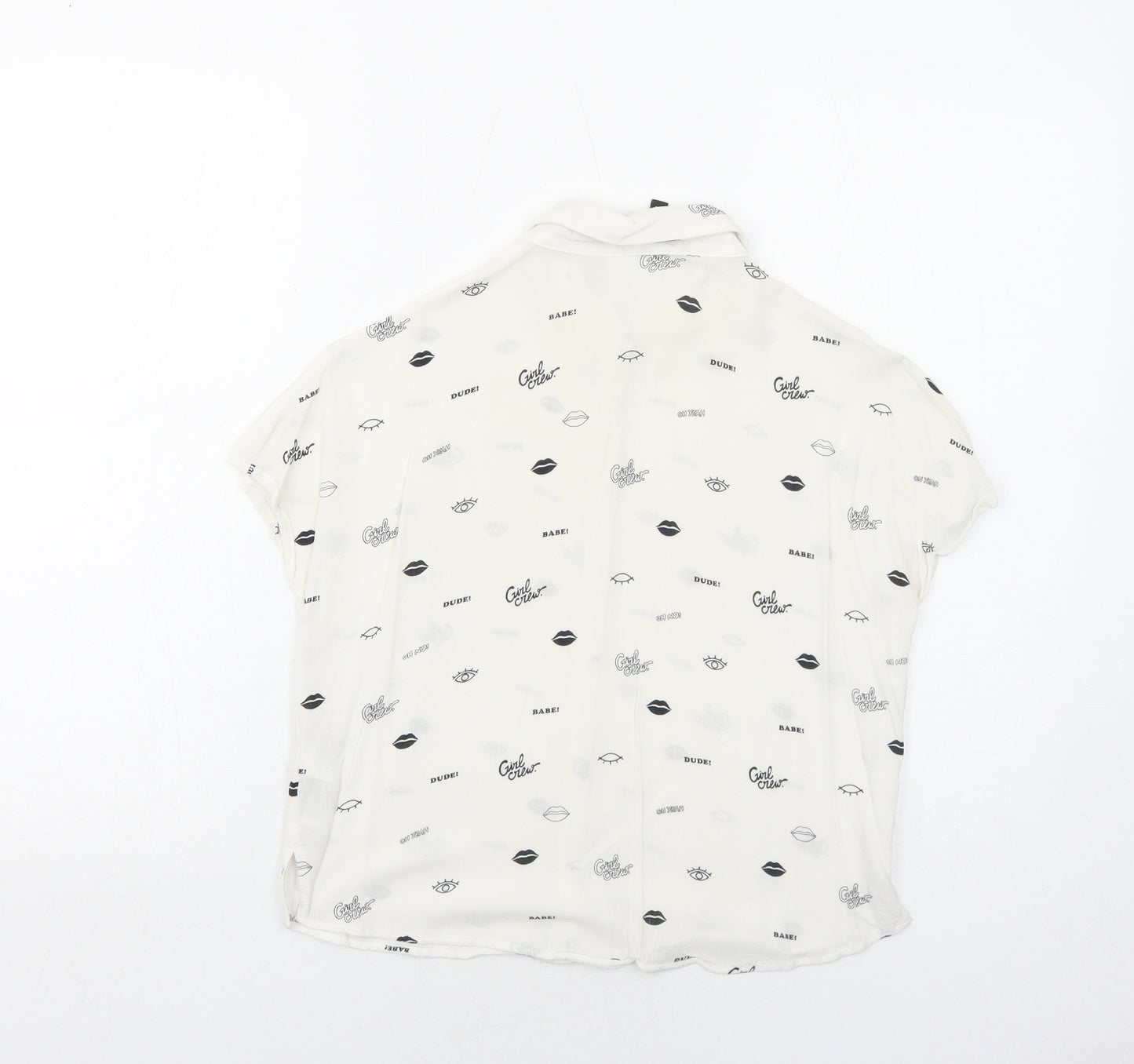 H&M Womens White Geometric Viscose Basic Button-Up Size 4 Collared