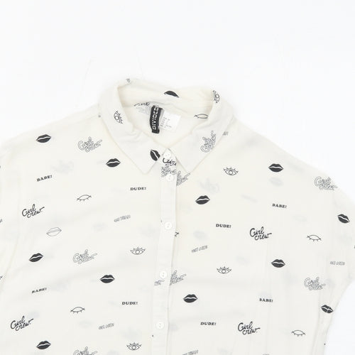 H&M Womens White Geometric Viscose Basic Button-Up Size 4 Collared