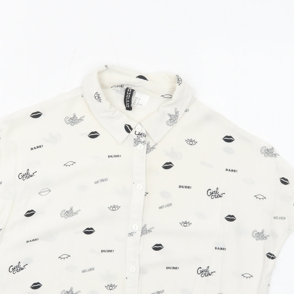 H&M Womens White Geometric Viscose Basic Button-Up Size 4 Collared