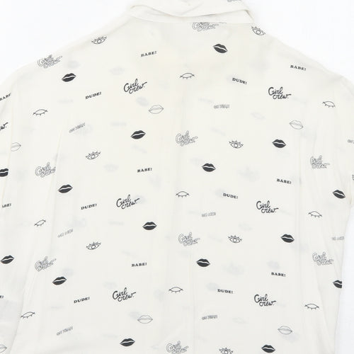 H&M Womens White Geometric Viscose Basic Button-Up Size 4 Collared