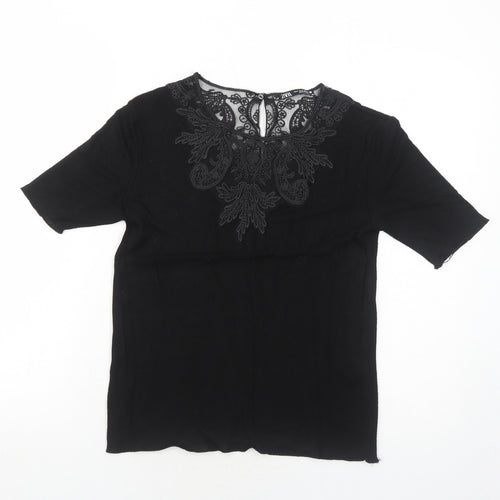 Zara Womens Black Viscose Basic Blouse Size M Round Neck - Lace Details