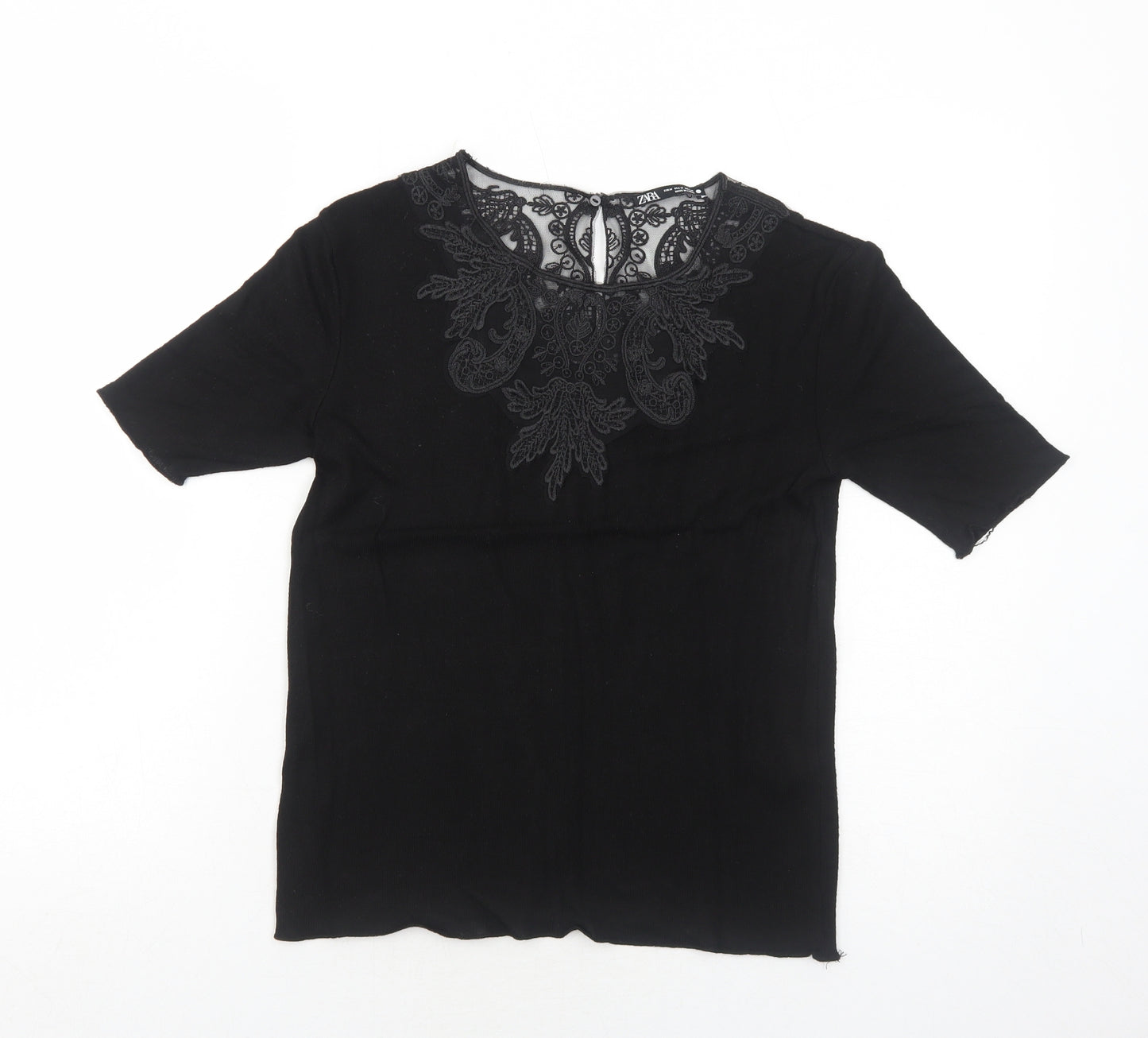 Zara Womens Black Viscose Basic Blouse Size M Round Neck - Lace Details