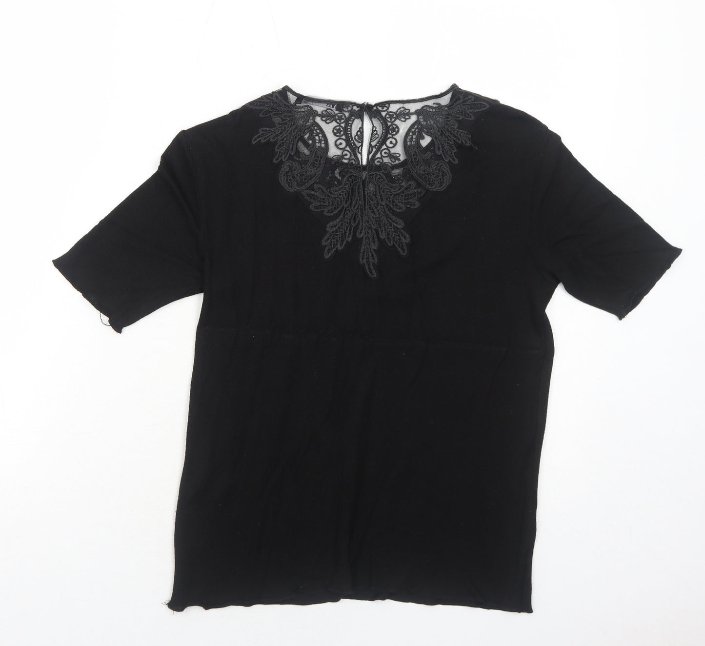 Zara Womens Black Viscose Basic Blouse Size M Round Neck - Lace Details